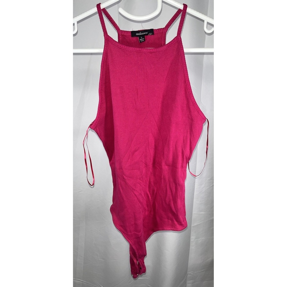 Ambiance Pink Ribbed Bodysuit High Neck Tank Top Sleeveless Casual Women Size L